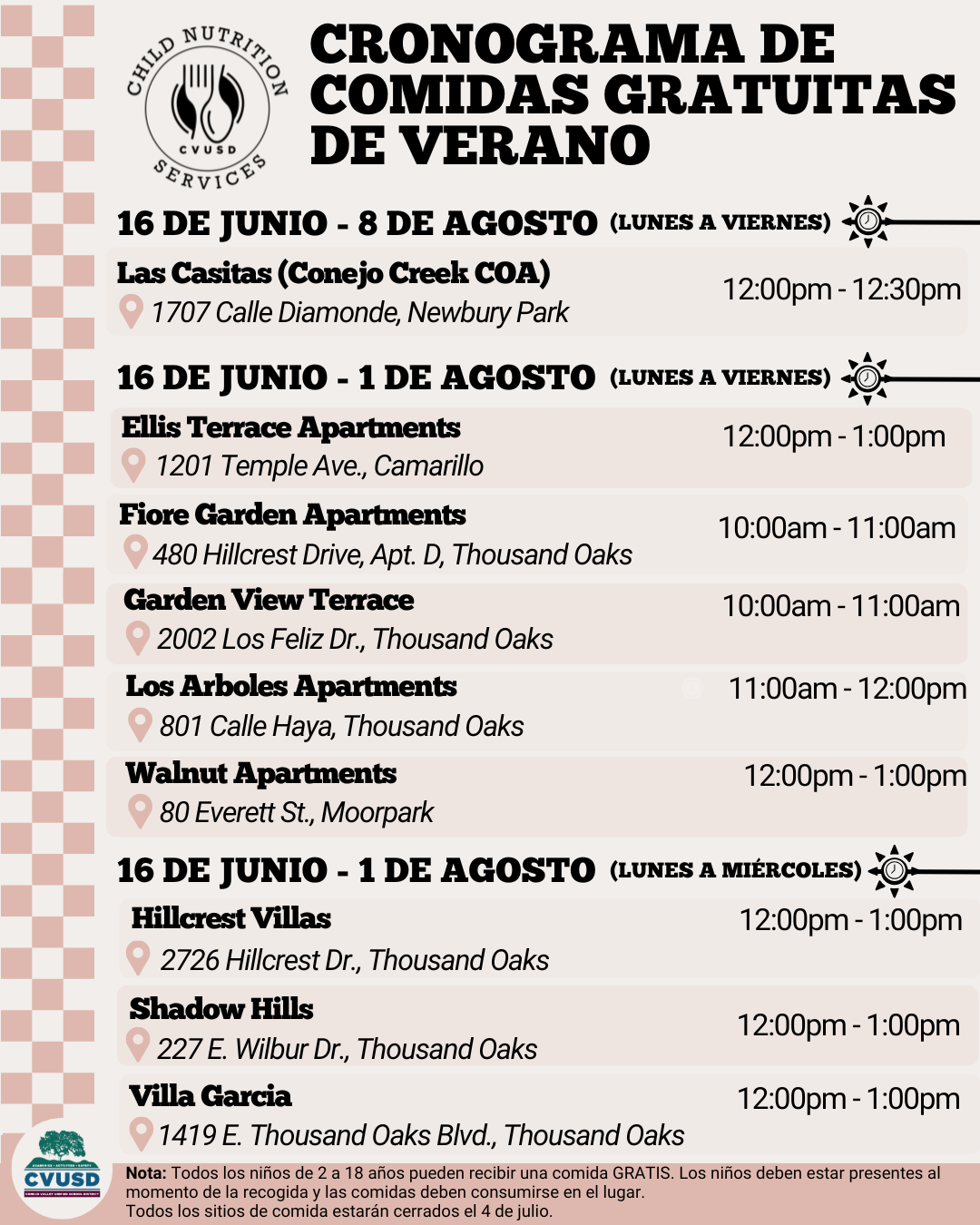 Summer Meals Schedule - Spanish